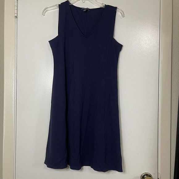 EILEEN FISHER navy Vneck stretch swing sleeveless dress size Petite small - Picture 1 of 4